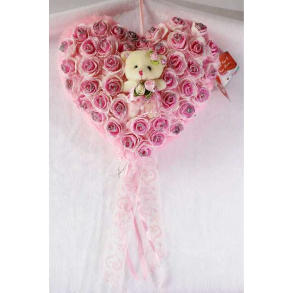 Pink Imported Roses Plush Heart with Baby Doll Teddy Bear